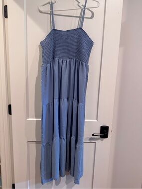 Smocked Bodice Tiered Maxi Dress in Light Blue